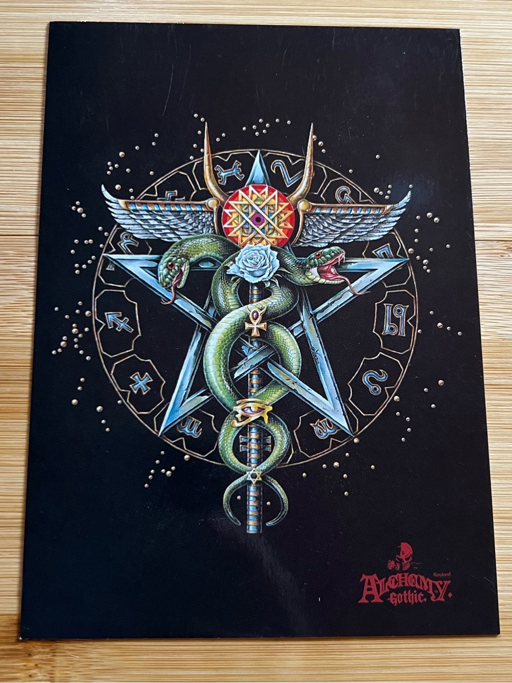 Vintage Alchemy Gothic Postcard Winged Skull Serpent Pentagram Occult 1990